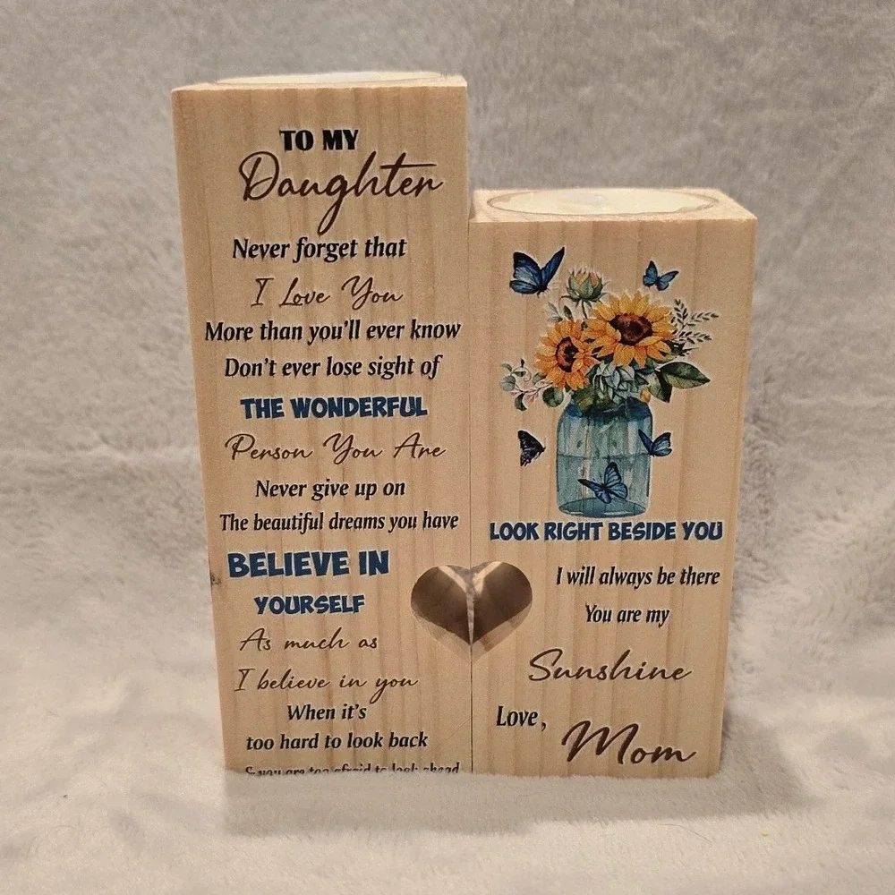 To My Daughter Wooden‎ Candle Holder Set Heart Shaped Love Mom Sunflower Gift